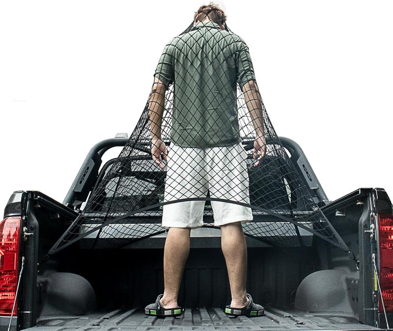 Isvo Cargo Net for Pickup Truck Bed, Trucks Cargo Net Mesh Organizer, 4'x4' Stretch to 7'x7' Highly Elastic Truck Bed Net for Camping, Trip Luggage, Compatible with Trailer, Ford, Chevrolet, Dodge - Image 1
